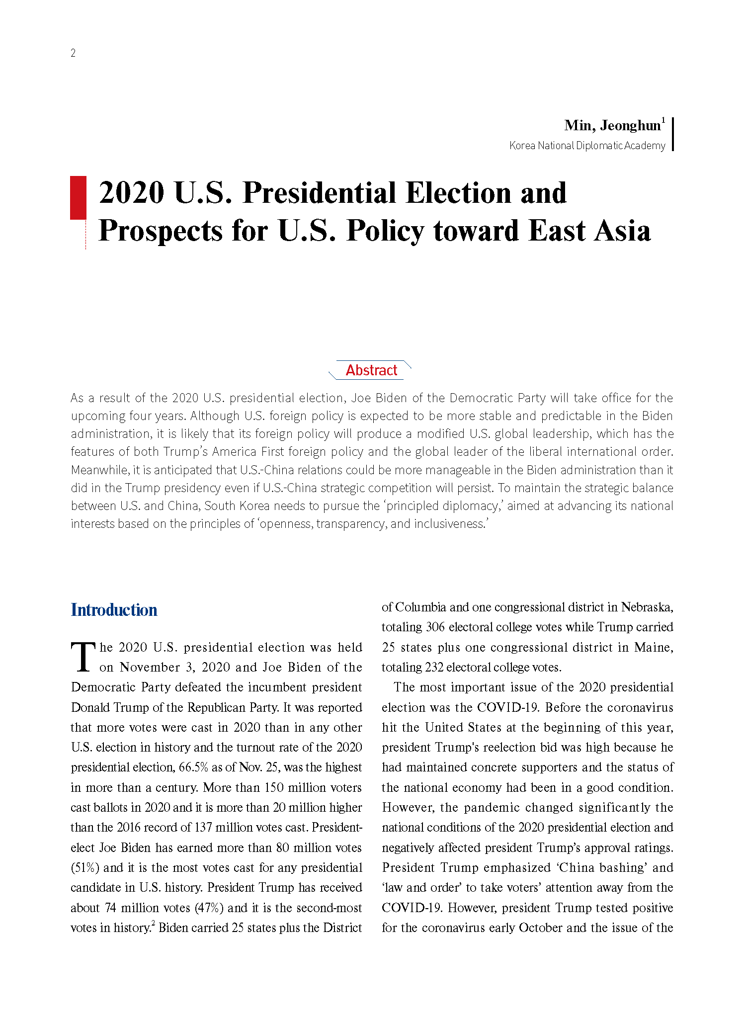 2020 U.S. Presidential Election and Prospects for U.S. Policy toward East Asia