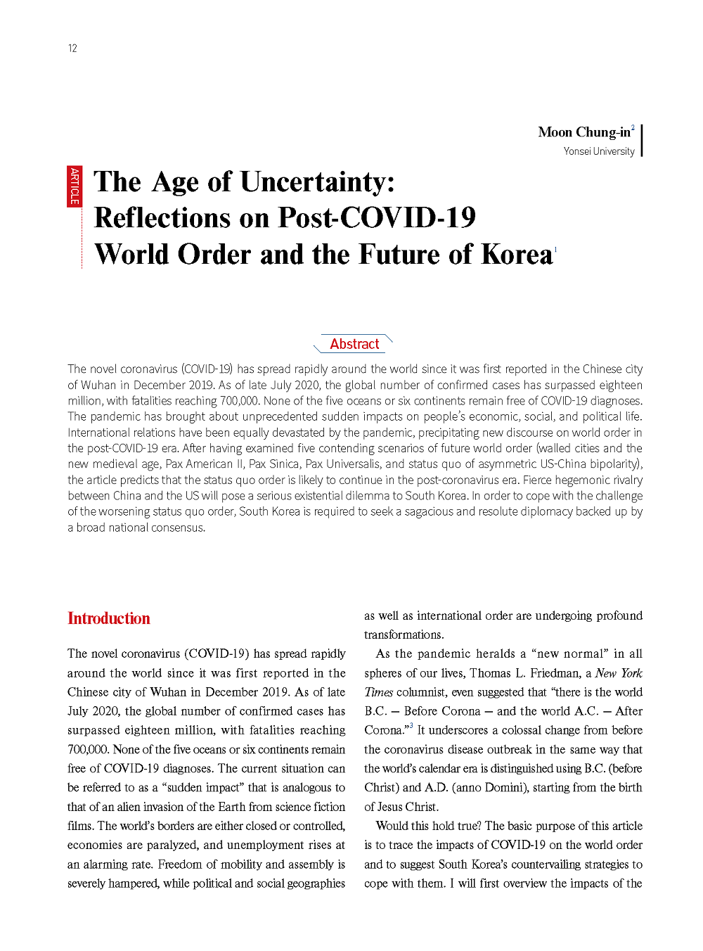 The Age of Uncertainty: Reflections on Post-COVID-19 World Order and the Future of Korea