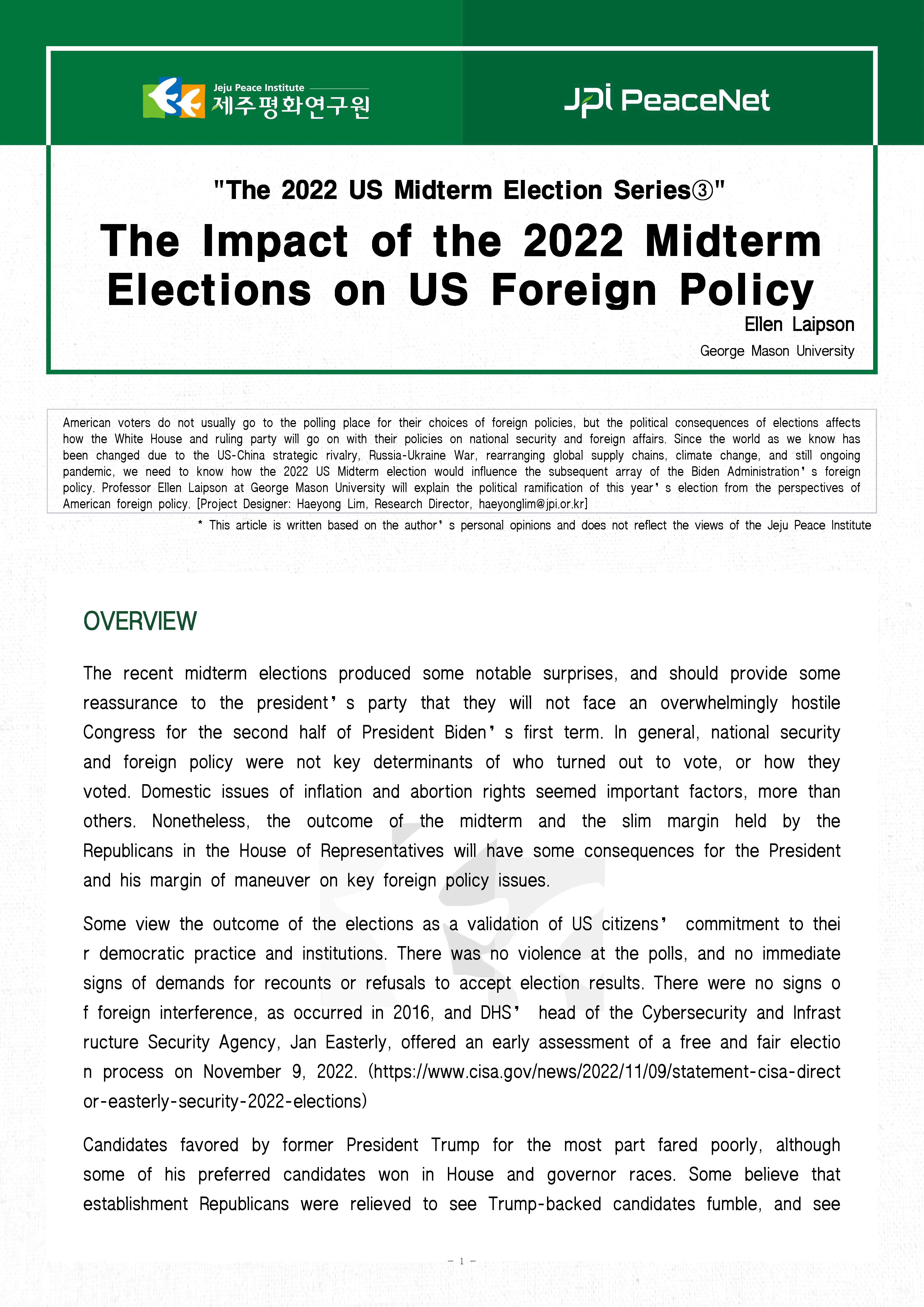 [JPI PeaceNet] The Impact of the 2022 Midterm Elections on US Foreign Policy(The 2022 US Midterm Election Series③)