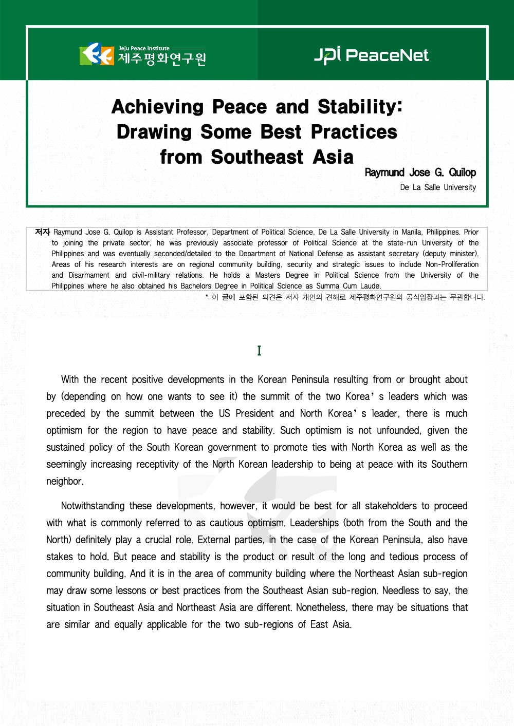 Achieving Peace and Stability: Drawing Some Best Practices from Southeast Asia