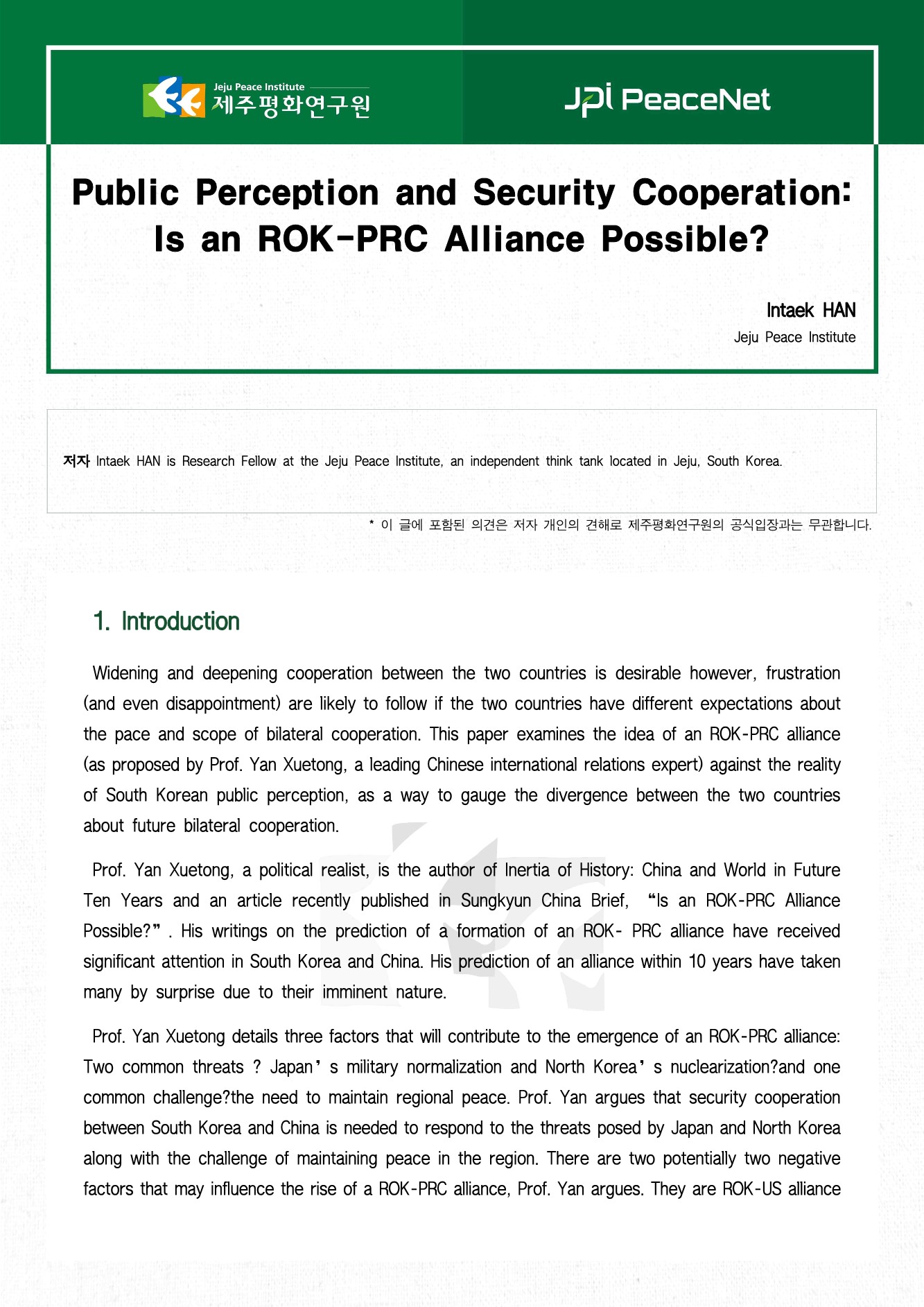 Public Perception and Security Cooperation: Is an ROK-PRC Alliance Possible?